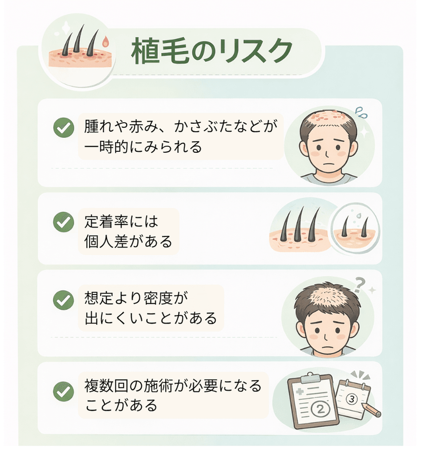 植毛のリスク(腫れ・赤み・かさぶた、定着率の個人差、密度の限界、複数回の施術)を示したイラスト