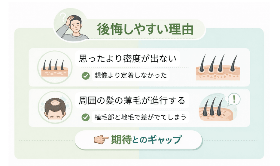 植毛で後悔すると言われる主な理由(密度不足・薄毛の進行・自然さの違和感)を示したイラスト