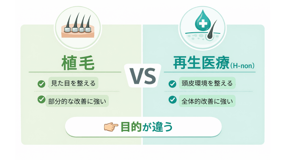植毛と再生医療(H-non療法など)の比較を示したイラスト